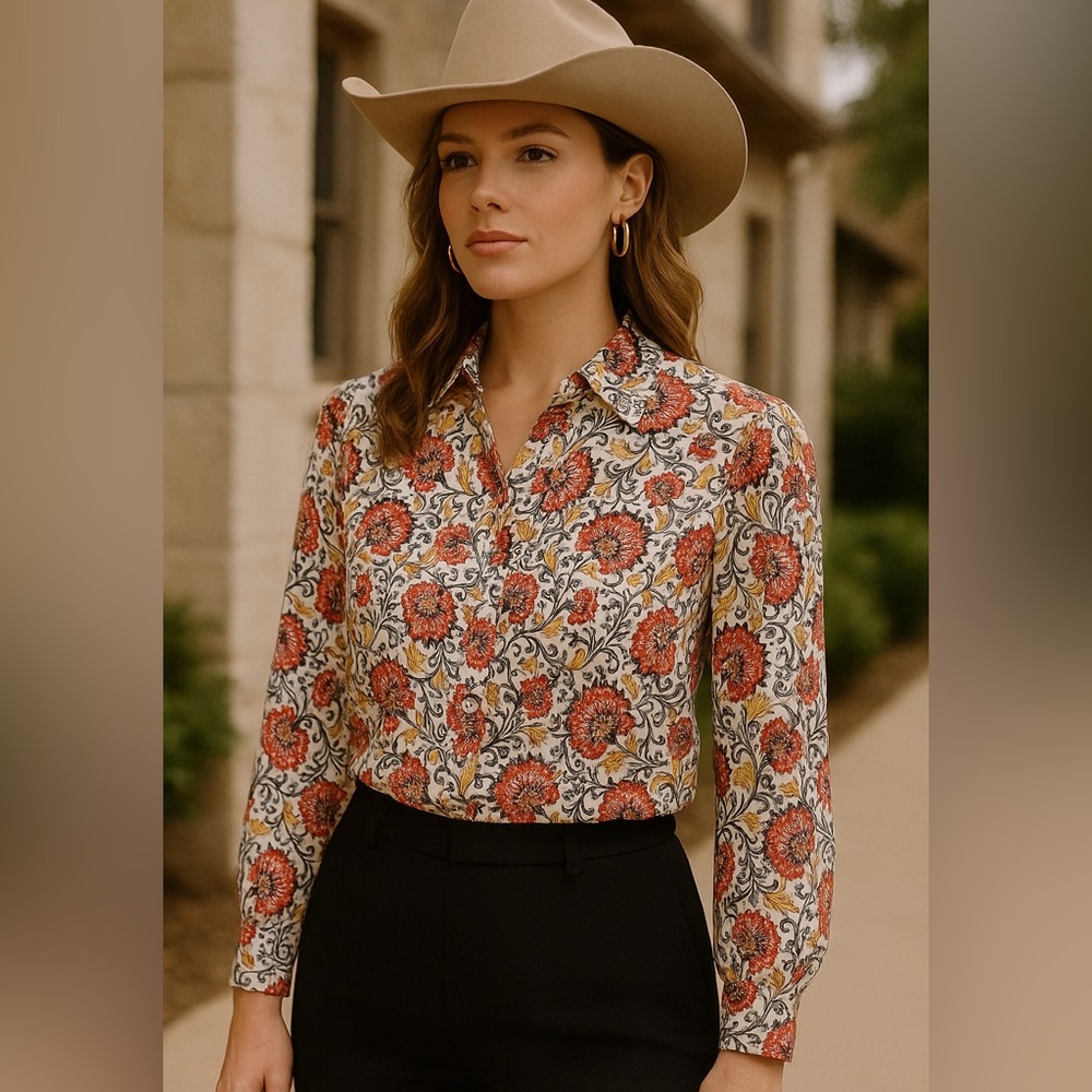 Fifteen Twenty Floral Button Down Blouse Top Women’s S Red Orange Paisley Boho